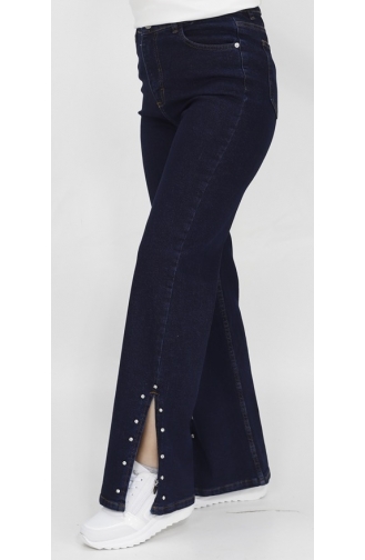 Denim Broek Met Split En Stenen Gedetailleerde Wijde Pijpen 1420-03 Donker Denimblauw 1420-03