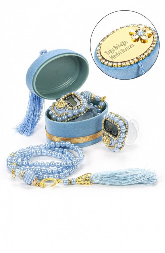 Mevlüt-Geschenkset Mit Gesangsmaschine Und Perlengebetsperlen In Einer Personalisierten Samtbox Blau 4897654302915 22160