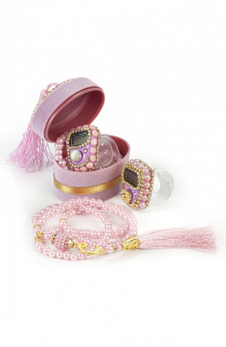 Samtverpacktes Mevlüt-Geschenkset Mit Gesangsmaschine Und Perlen-Rosenkranz In Rosa 4897654302922 22167
