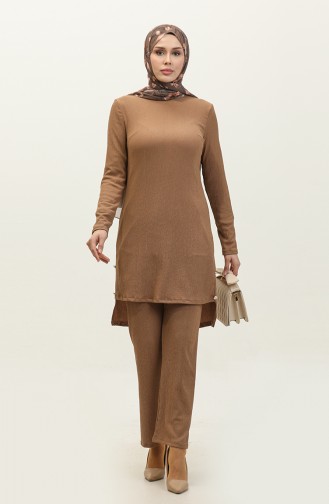 Button Detailed Two Piece Suit 0101DA-02 Brown 0101DA-02