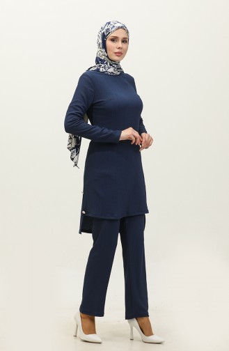 Ensemble Deux Pièces Tunique Pantalon Détail Boutons 0101DA-05 Bleu Marine 0101DA-05