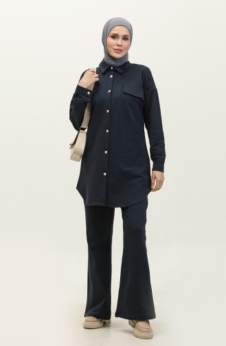 Buttoned Two Piece Suit 1310-03 Navy Blue 1310-03