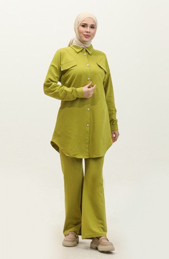 Düğmeli Tunik Pantolon İkili Takım 1310-05 Fıstık Yeşili