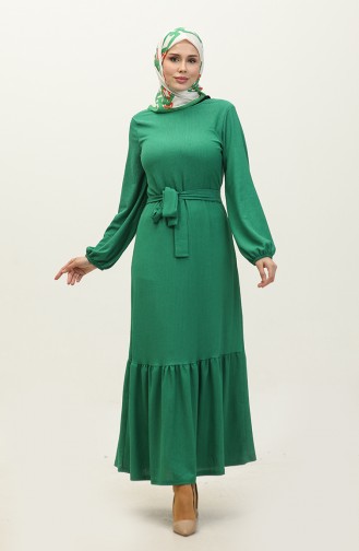 Etek Ucu Büzgülü Kuşaklı Elbise 0202DA-03 Yeşil
