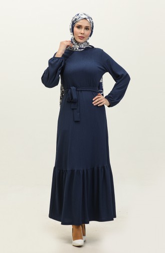 Kleid Mit Gerafftem Saum Und Gürtel 0202DA-05 Marineblau 0202DA-05