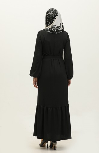 Etek Ucu Büzgülü Kuşaklı Elbise 0202DA-06 Siyah