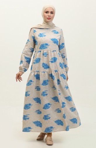 Shirred Linen Dress 1898-05 Blue Cream 1898-05