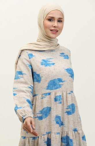 Büzgülü Keten Elbise 1898-05 Mavi Krem