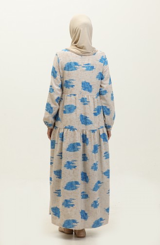 Büzgülü Keten Elbise 1898-05 Mavi Krem