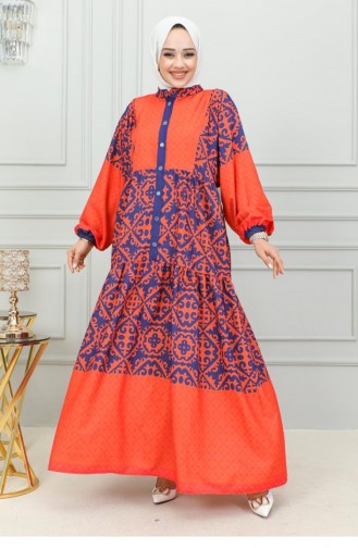 302Sgs Ethnic Patterned Hijab Dress Orange 16863