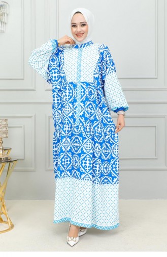 302Sgs Robe Hijab à Motifs Ethnique Bleu 16864