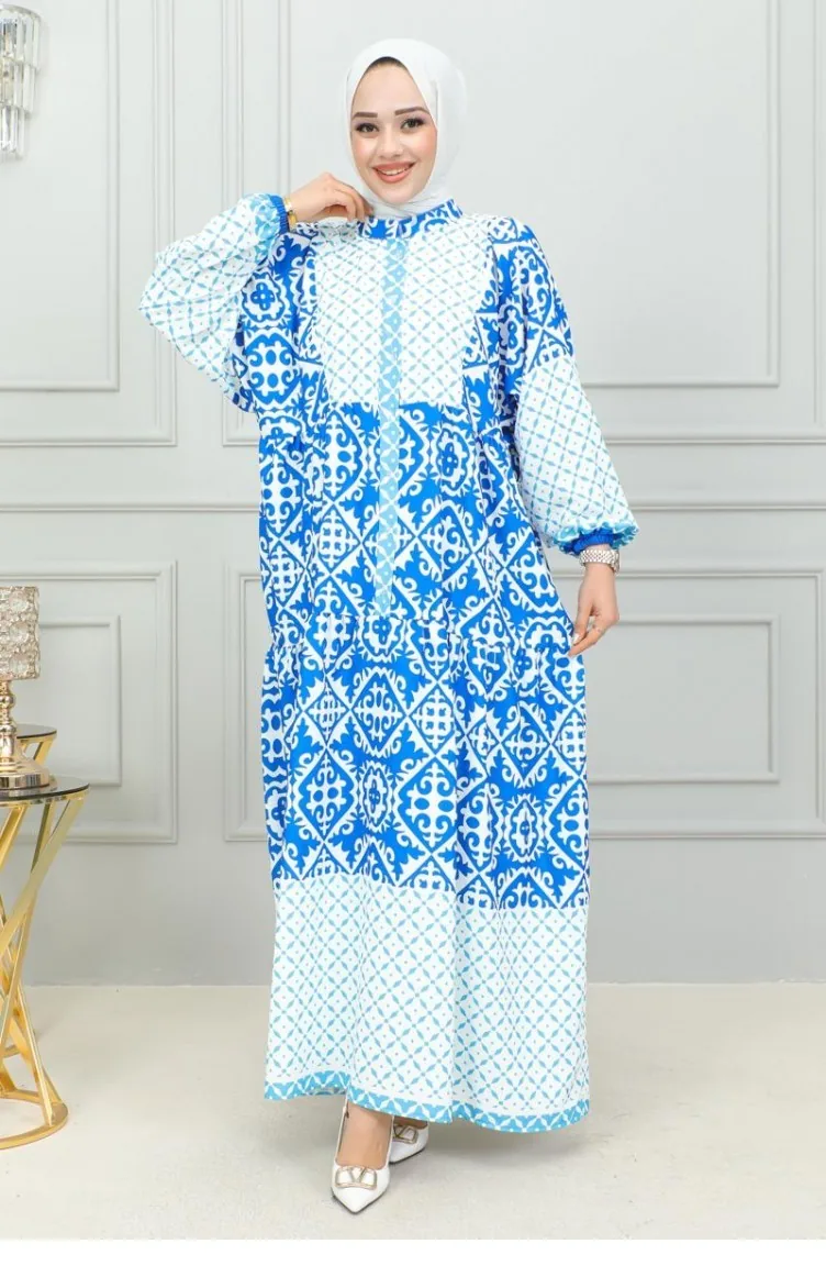 302Sgs Robe Hijab à Motifs Ethnique Bleu 16864