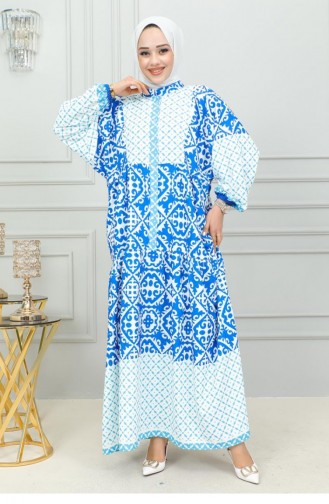 302Sgs Robe Hijab à Motifs Ethnique Bleu 16864