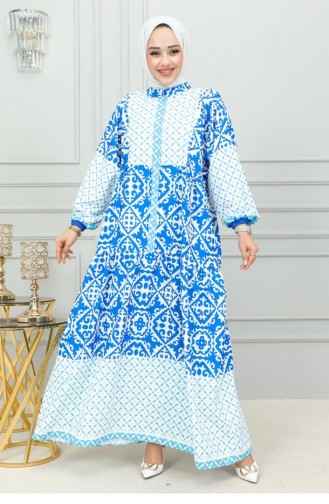 302Sgs Robe Hijab à Motifs Ethnique Bleu 16864