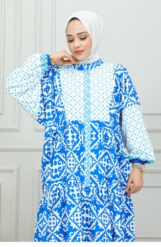 302Sgs Robe Hijab à Motifs Ethnique Bleu 16864