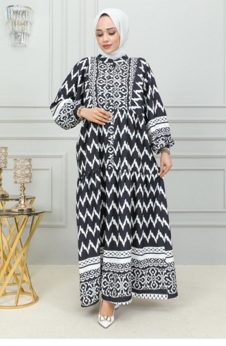 Robe Hijab Impression Digitale 0300-03 Noir 0300-03