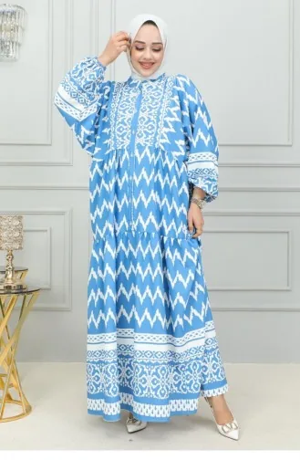 Digitaal Bedrukte Hijabjurk 0300-02 Blauw 0300-02