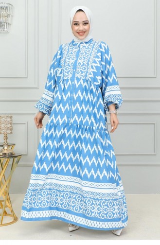 0300Sgs Robe Hijab Imprimé Numérique Bleu 16869