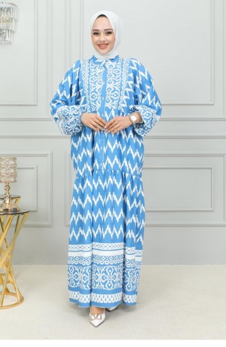 0300Sgs Robe Hijab Imprimé Numérique Bleu 16869