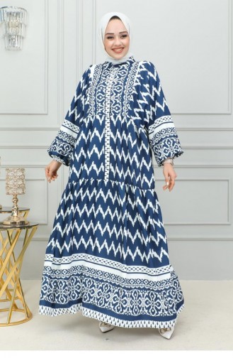 0300Sgs Robe Hijab Imprimé Numérique Bleu Marine 16870
