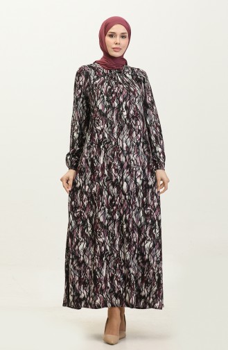 فستان فيسكوز مُطبع بمقاسات كبيرة 44851M-01 لون أسود وأرجواني 44851M-01