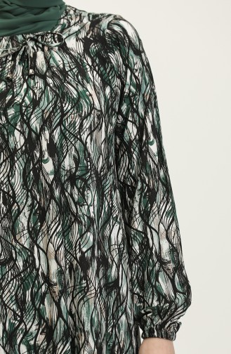 Büyük Beden Desenli Viskon Elbise 44851M-03 Siyah Haki Yeşil