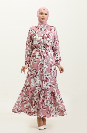 فستان تريكوتون قطن بتصميم غصن الربيع 0346-03 لون وردي مغبر 0346-03