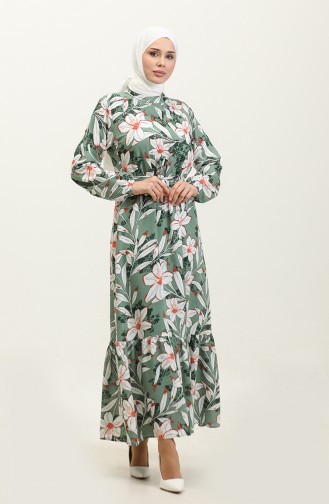 فستان تريكوتون قطن بتصميم فرع الربيع 0346-04 لون كاكي 0346-04