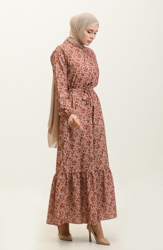 Adile Flower Patterned Crepe Dress 0347-03 Taba 0347-03