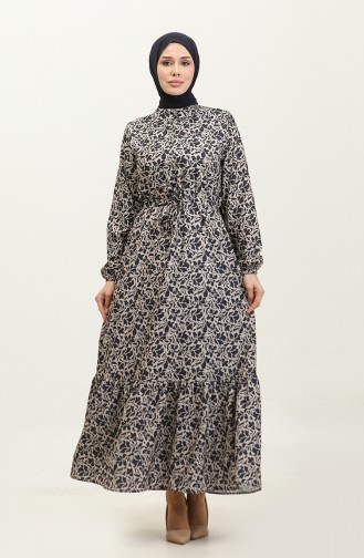 Adile Floral Patterned Crepe Dress 0347-05 Navy Blue 0347-05