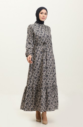 Adile Floral Patterned Crepe Dress 0347-05 Navy Blue 0347-05