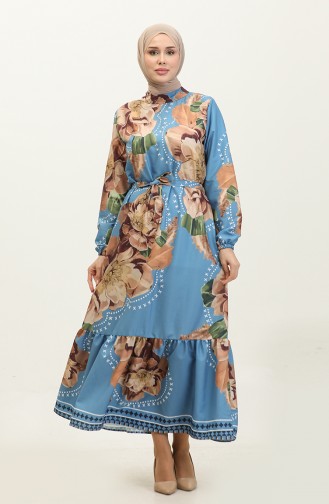 Floral Patterned Crepe Dress 0350-01 Blue Brown 0350-01