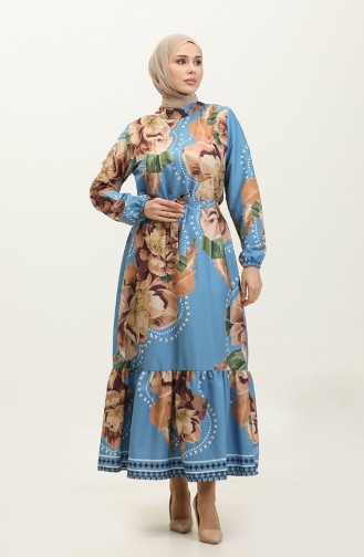 Çiçek Desenli Krep Elbise 0350-01 Mavi Kahverengi