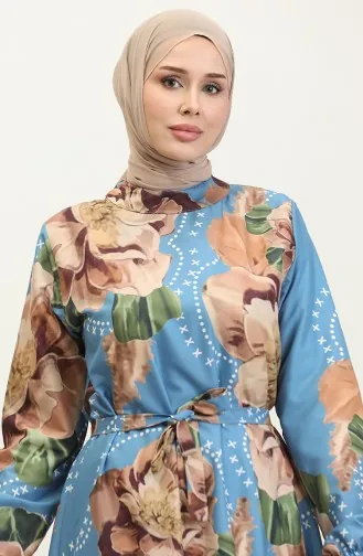فستان كريب بنقش أزهار 0350-01 بني أزرق  0350-01