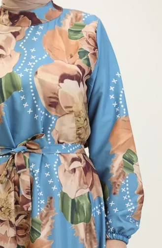 فستان كريب بنقش أزهار 0350-01 بني أزرق  0350-01