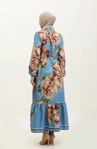 فستان كريب بنقش أزهار 0350-01 بني أزرق  0350-01