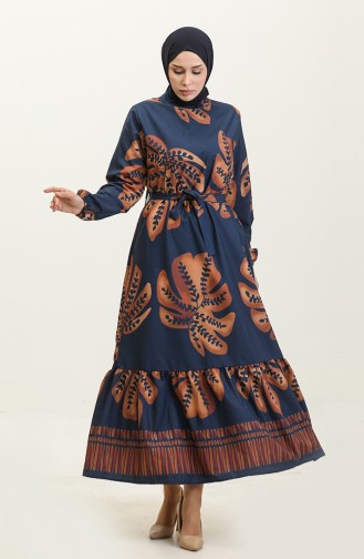 Floral Patterned Crepe Dress 0350-02 Navy Blue Brown 0350-02