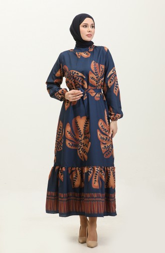 Floral Patterned Crepe Dress 0350-02 Navy Blue Brown 0350-02