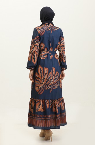 Floral Patterned Crepe Dress 0350-02 Navy Blue Brown 0350-02