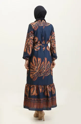 Robe Crepe A Motifs Fleuris 0350-02 Bleu Marine Marron 0350-02
