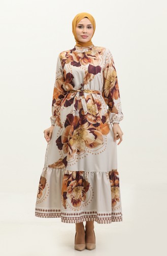 Çiçek Desenli Krep Elbise 0350-03 Bej Kahverengi