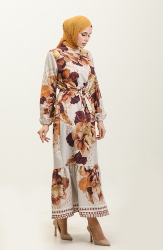 Çiçek Desenli Krep Elbise 0350-03 Bej Kahverengi