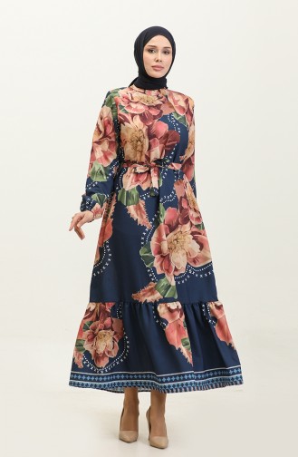 Floral Patterned Crepe Dress 0350-04 Dusty Rose Navy Blue 0350-04