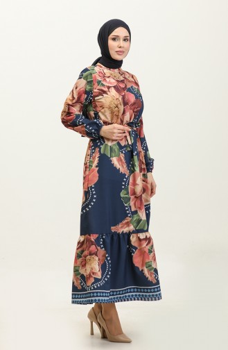 Floral Patterned Crepe Dress 0350-04 Dusty Rose Navy Blue 0350-04