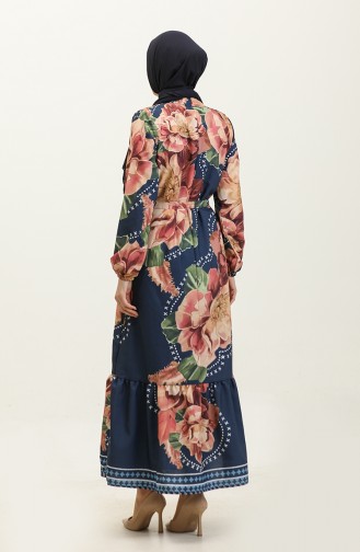 Floral Patterned Crepe Dress 0350-04 Dusty Rose Navy Blue 0350-04