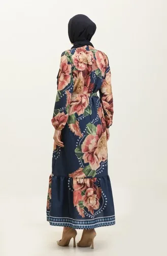 Floral Patterned Crepe Dress 0350-04 Dusty Rose Navy Blue 0350-04