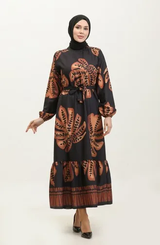 Floral Patterned Crepe Dress 0350A-01 Black Brown 0350A-01