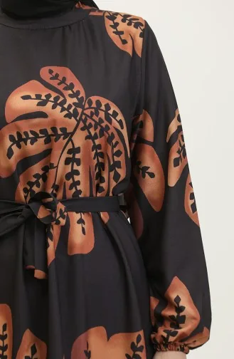 Floral Patterned Crepe Dress 0350A-01 Black Brown 0350A-01