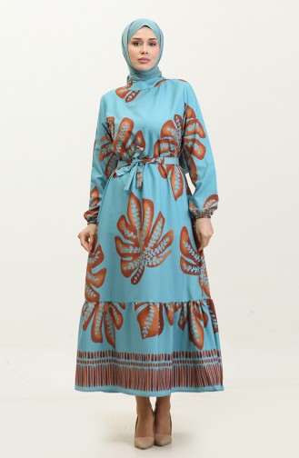 Floral Patterned Crepe Dress 0350A-02 Mint Blue Brown 0350A-02