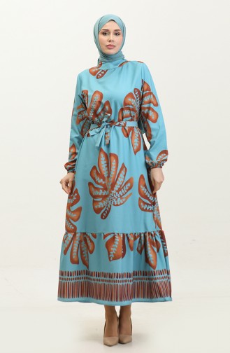 Robe Crepe A Motifs Fleuris 0350A-02 Bleu Menthe Marron 0350A-02